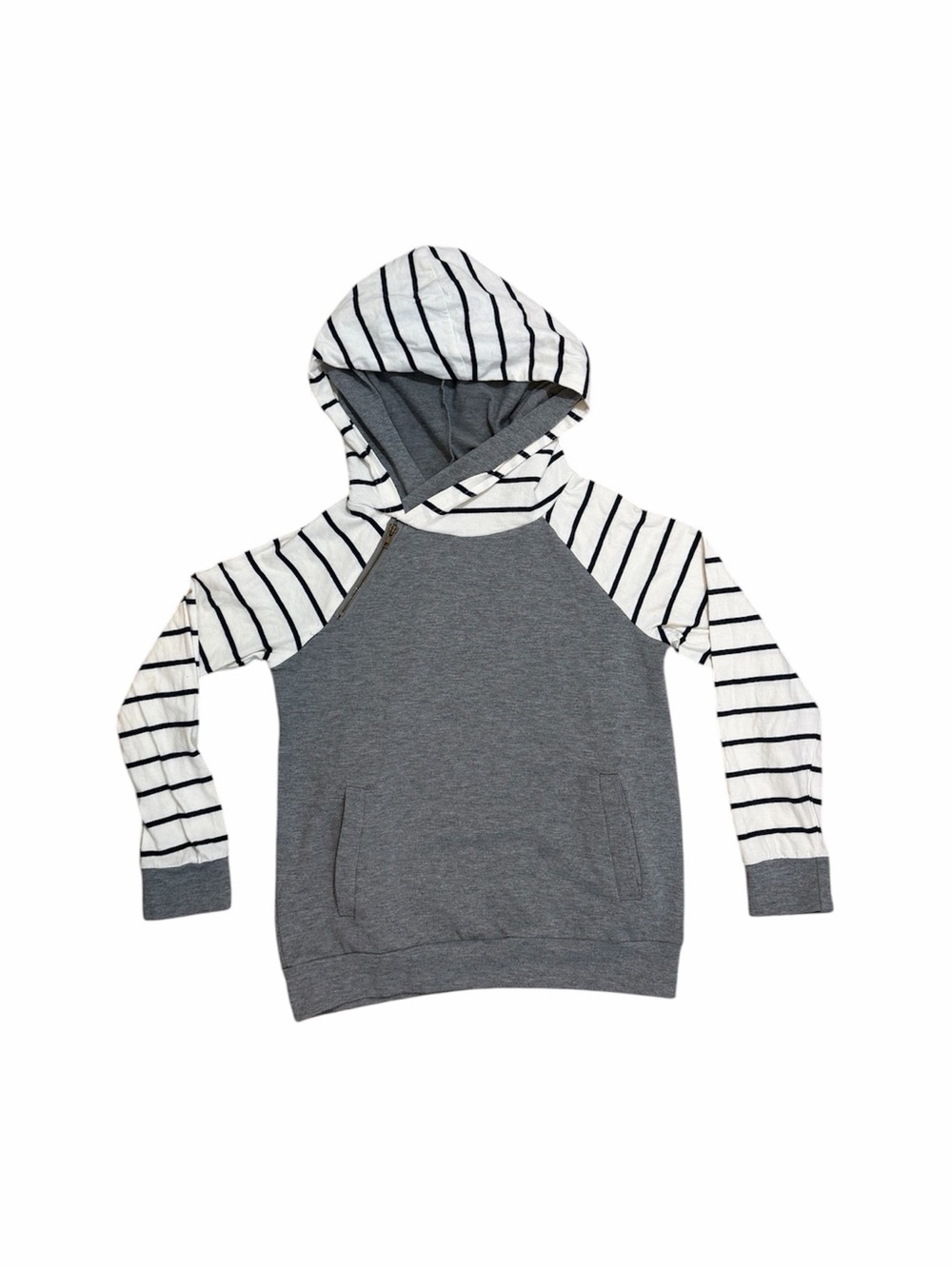 Girl Striped-Sleeve Hooded Pullover - Gray & White size Large